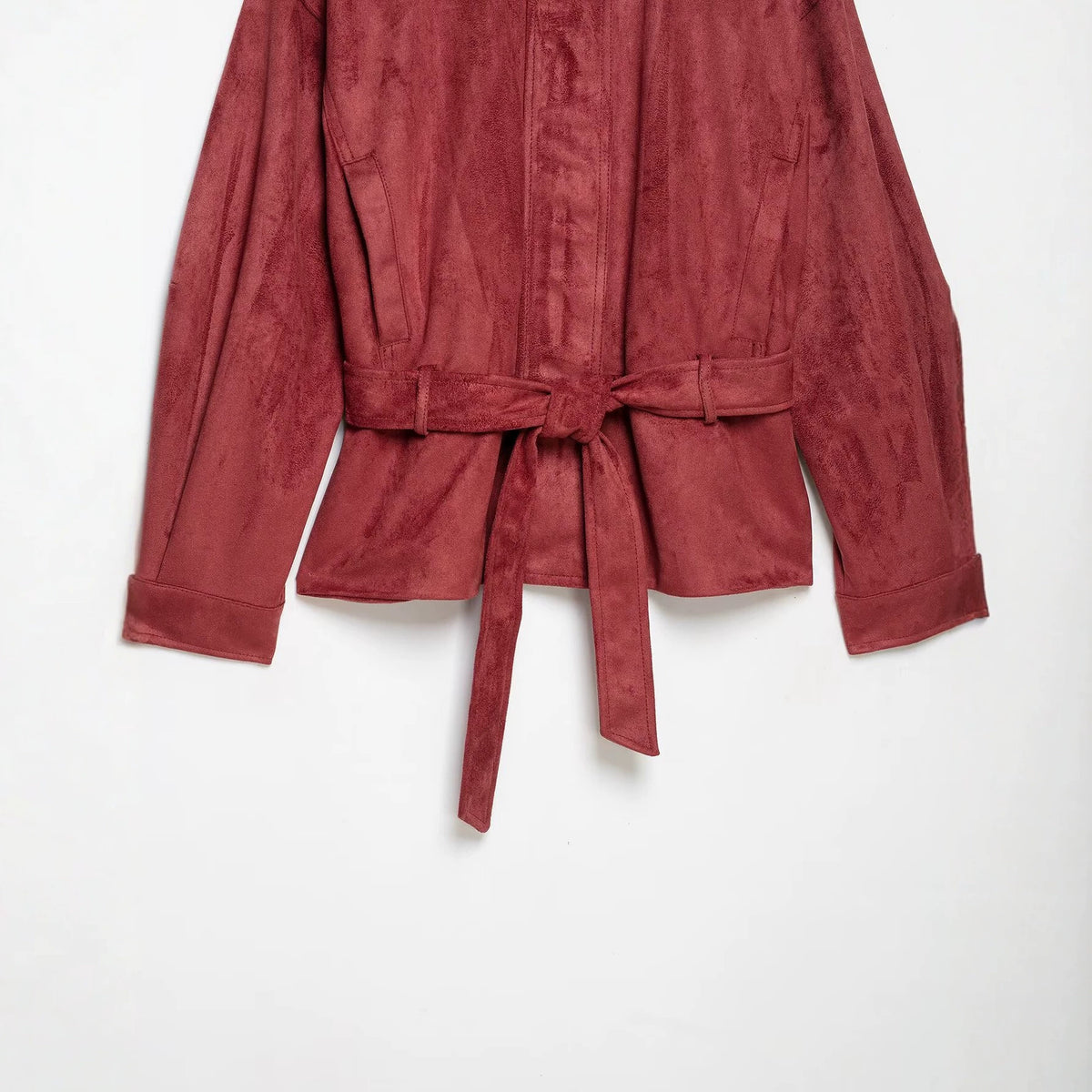 Women's kimono-inspired velour jacket with tie belt and high stand-up collar EVA-US