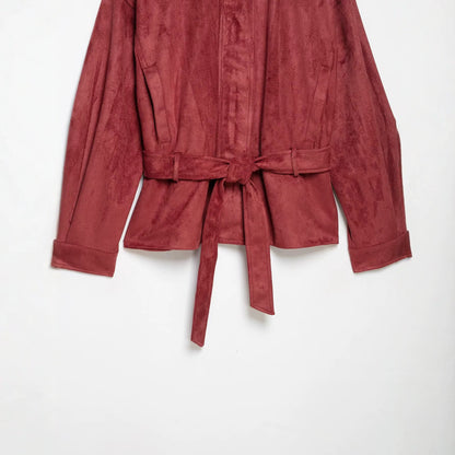 Women's kimono-inspired velour jacket with tie belt and high stand-up collar EVA-US