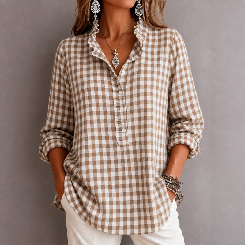 Women's Checkered Blouse Top with Ruffled Collar and Half Button Placket EVA-US