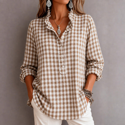 Women's Checkered Blouse Top with Ruffled Collar and Half Button Placket EVA-US