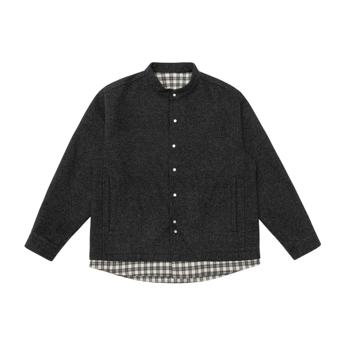 Unisex Short Cut Wool Blend Blouson with Stand-Up Collar and Checked Interior Band EVA-US