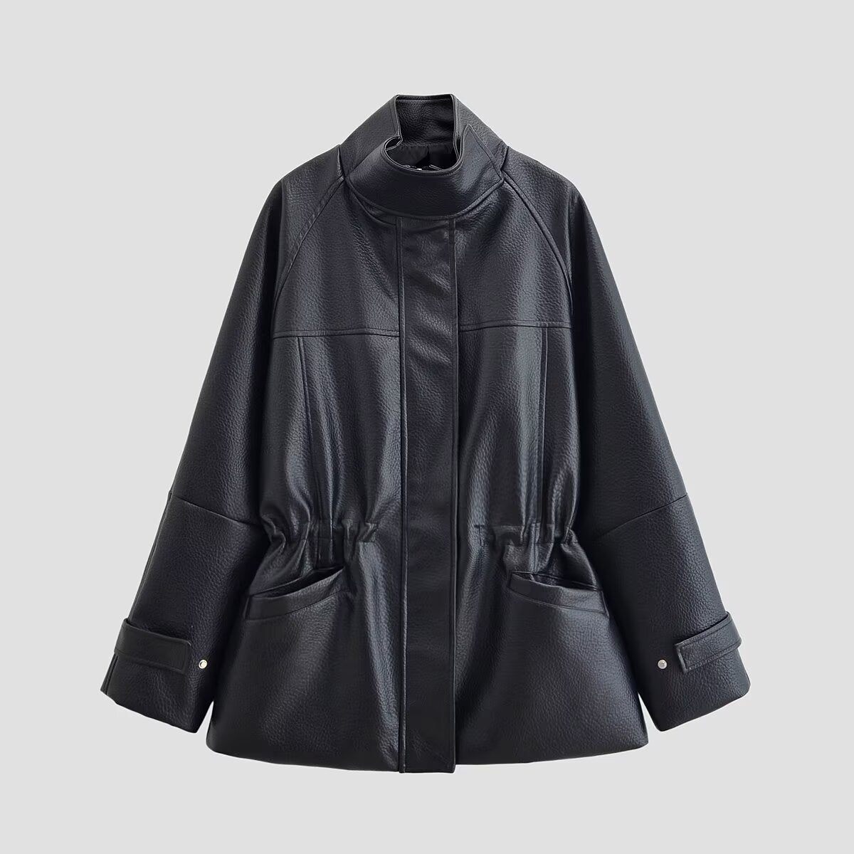 Women's Oversize Faux Leather Jacket with Stand-Up Collar, Drawstring Waist and Patch Pockets EVA-US