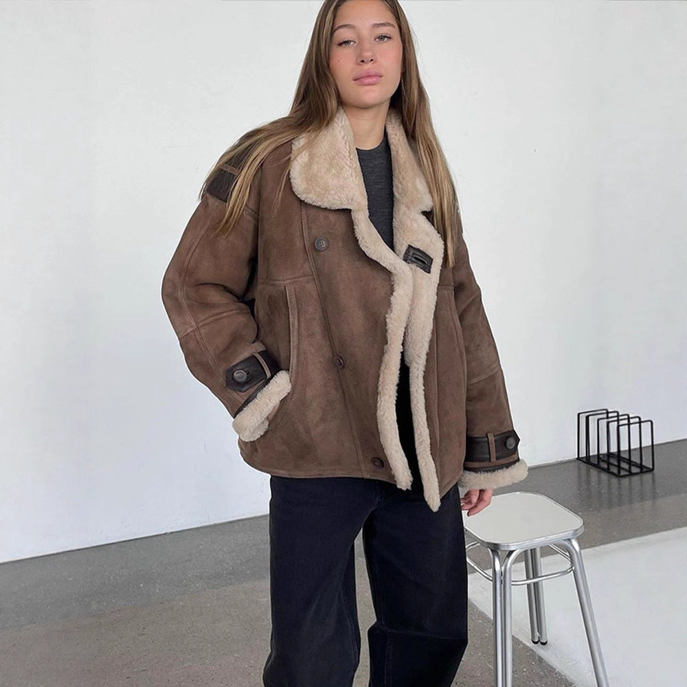 Women Oversize Shearling-Faux Pilot Jacket with Contrasting Trimmings & Buckle Details EVA-US