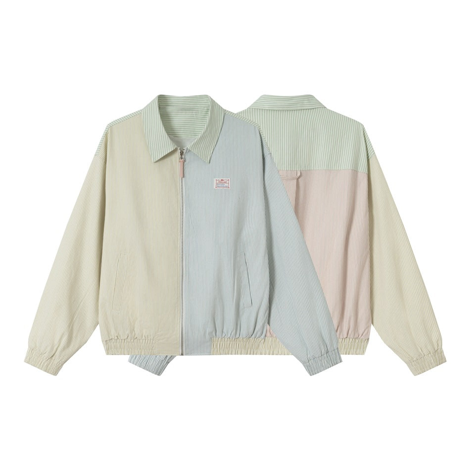 Unisex Striped Pastel Corduroy Jacket in Boxy Cut with Shirt Collar and Elastic Cuff EVA-US