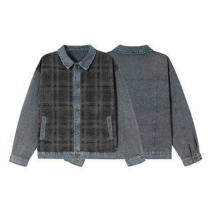 Unisex Boxy Denim Jacket with Checkered Front Panel, Contrasting Denim Sleeves and Snap Button Placket EVA-US