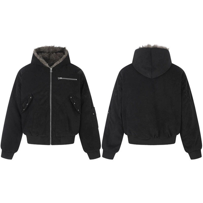 Ladies Oversize Velvet Bomber Jacket with Hood, Faux Fur Lining and Zipper Front EVA-US