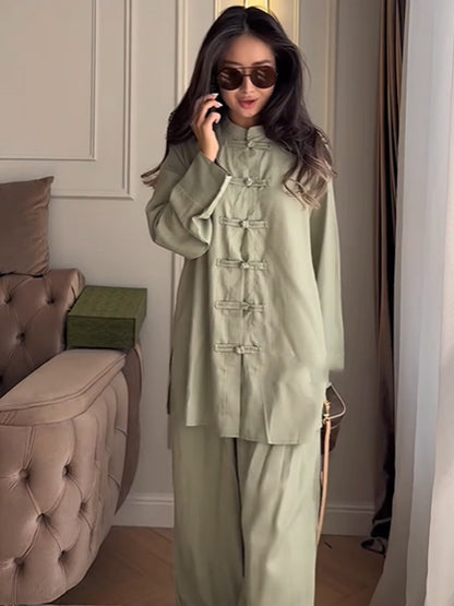 Women Two-Piece Oversized Lounge Set with Stand Collar and Decorative Knot Closures EVA-US