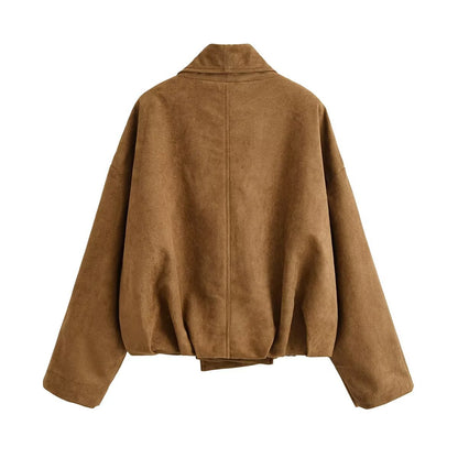 Women's short jacket in suede look with waterfall collar and ballooned hem EVA-US
