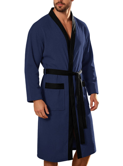Men's lightweight cotton kimono bathrobe with waffle texture and patch pockets EVA-US