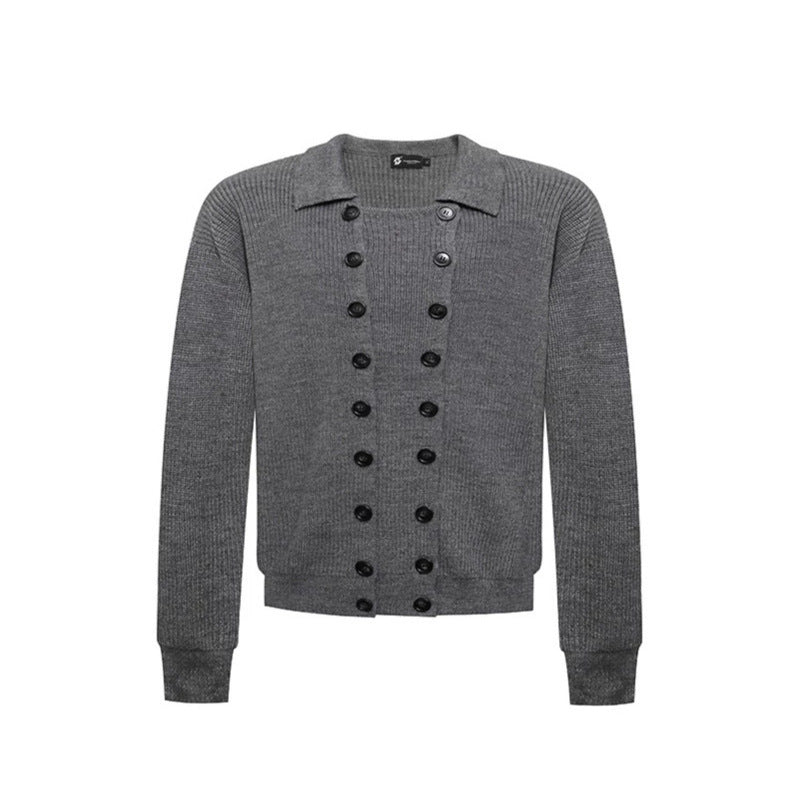 Men's Double-Breasted Knit Cardigan with Shirt Collar and Ribbed Cuffs EVA-US