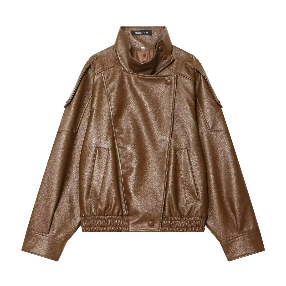 Ladies short-cut faux leather pilot jacket with high stand-up collar and shoulder straps EVA-US