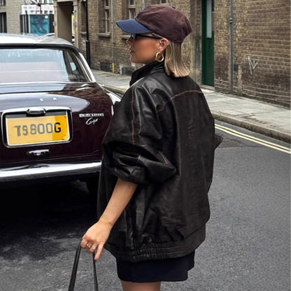 Ladies Oversize Faux Leather Coat with Distinctive Decorative Seams and Stand-Up Collar EVA-US