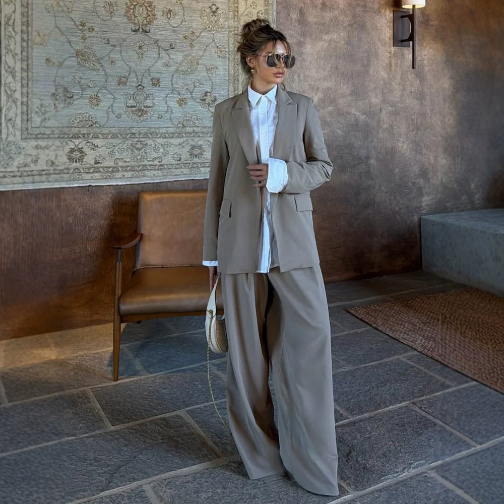 Women's Three-Piece Tailoring Set with Corset Top, Oversized Blazer, and Pleated Wide-Leg Pants EVA-US