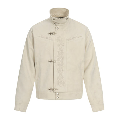 Men's short-cut suede leather blouson with stand-up collar, decorative embroidery, and toggle closure EVA-US