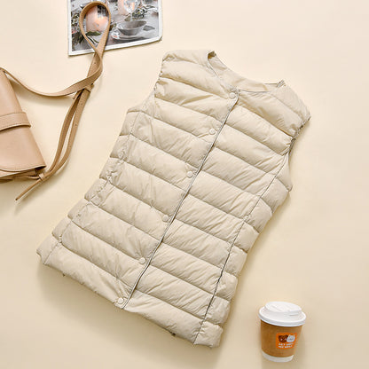 Women's Lightweight Quilted Down Vest with Stand-Up Collar and Snap Button Placket EVA-US