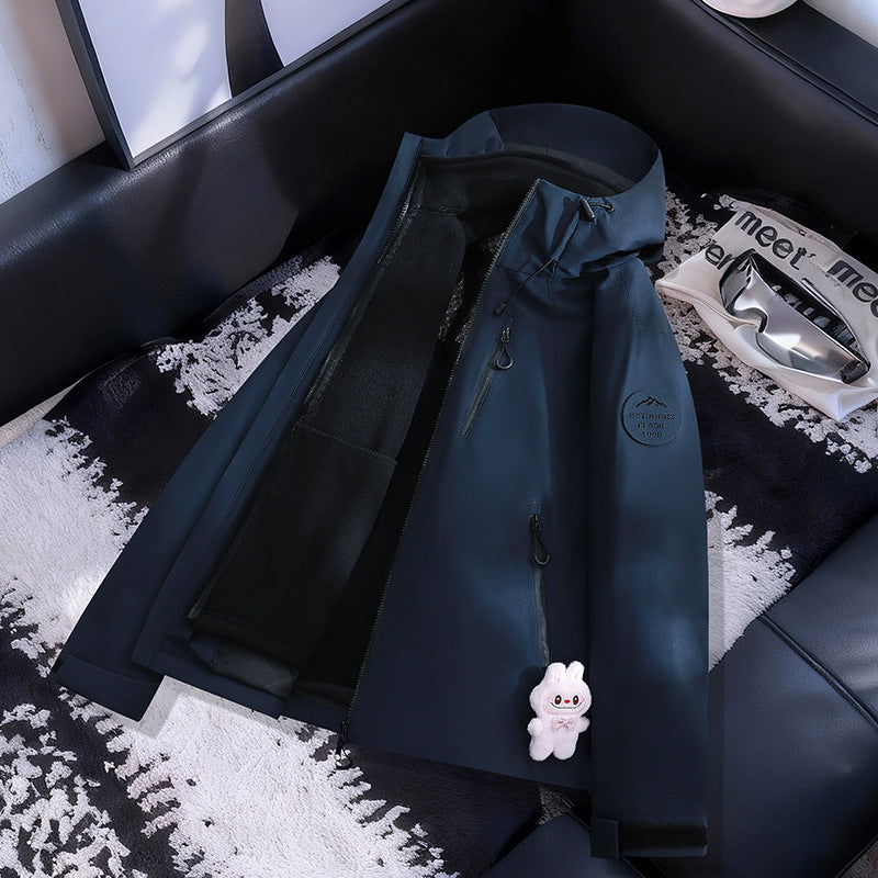 Women Lightweight Waterproof Hooded Jacket with Teddy Charm and Concealed Zipper Pockets EVA-US