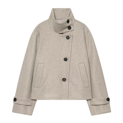 Women's Short Cape Jacket made of Wool Blend with High Roll Neck and Cuff Detail EVA-US