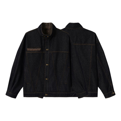 Unisex Boxy Jeans Jacket with high stand-up collar and woven trimmings EVA-US