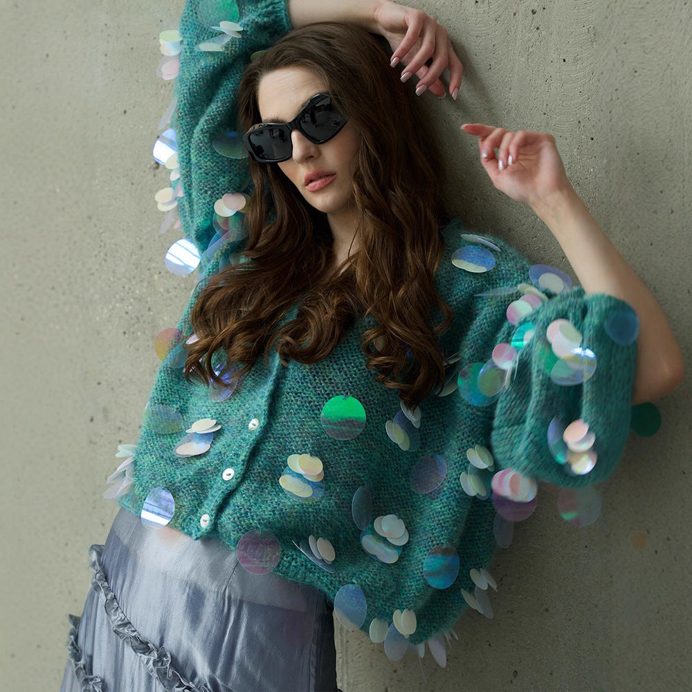 Women's Chunky Knit Mohair Cardigan with Oversized Sequins and Boxy Silhouette EVA-US