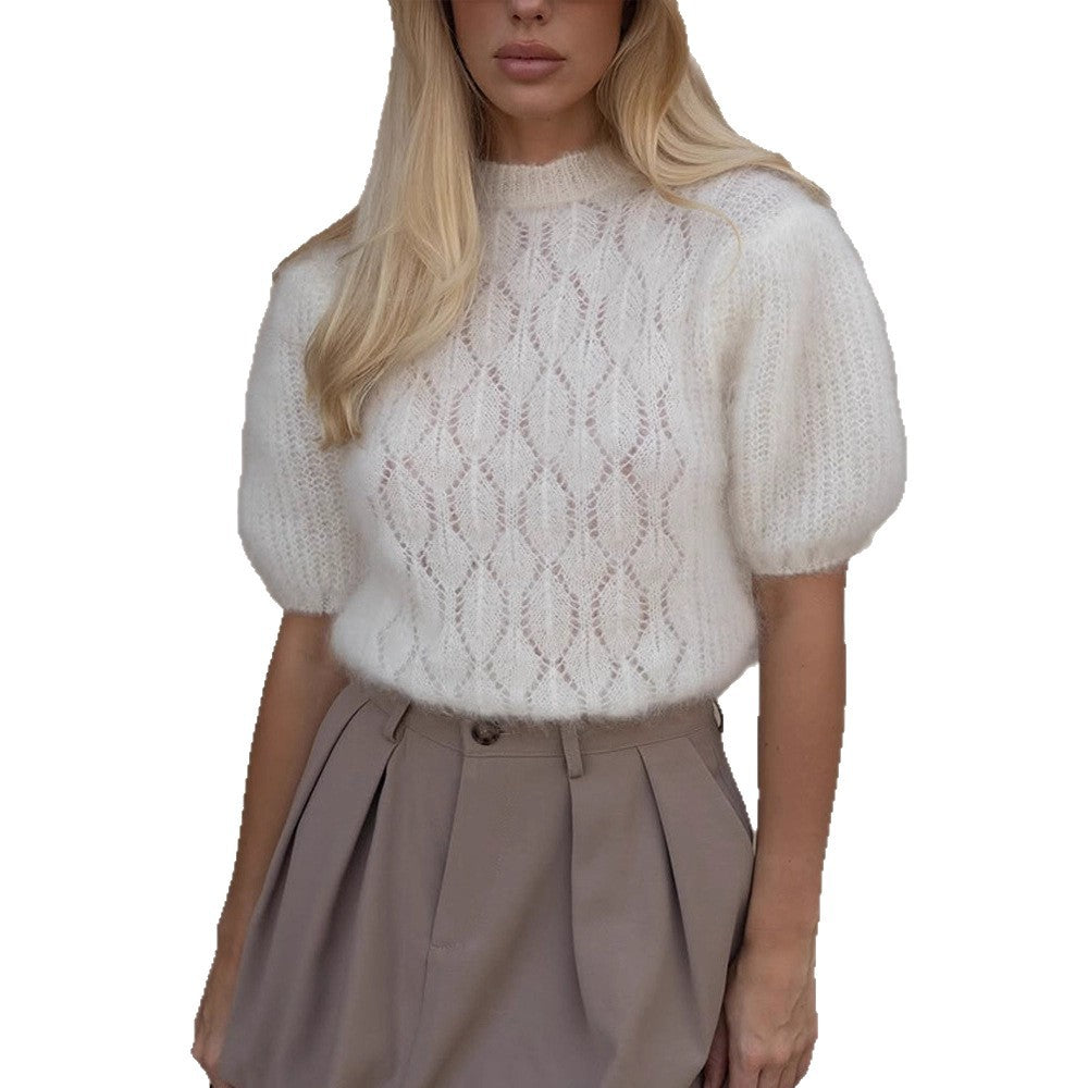 Women's Fuzzy Short-Cut Mohair-Mix Sweater with Short Sleeves and Stand-up Collar EVA-US