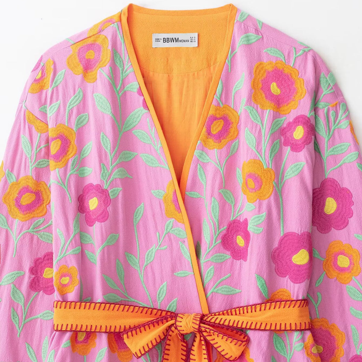 Women's Embroidered Kimono Jacket with Waist Tie Belt and Floral Embroidery EVA-US
