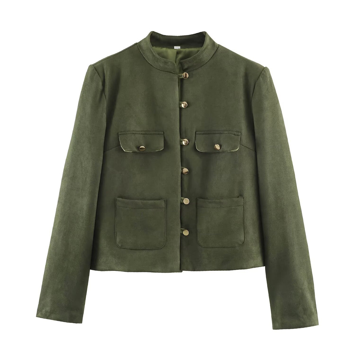 Women's short jacket in Mandarin style made of suede look with patch pockets and decorative buttons EVA-US
