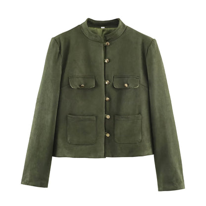 Women's short jacket in Mandarin style made of suede look with patch pockets and decorative buttons EVA-US