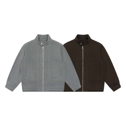 Men's Boxy Wool Blend Zip Blouson with High Ribbed Collar and Concealed Front Flap EVA-US