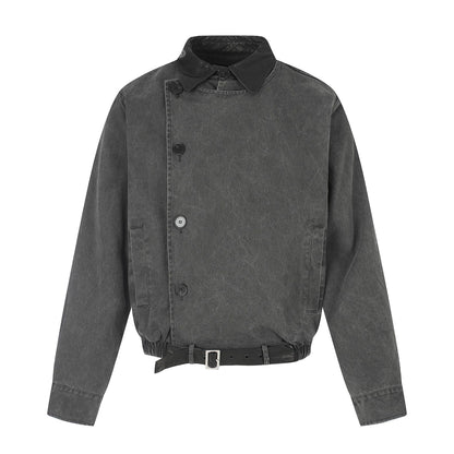 Men's short-cut boxy blouson with asymmetrical button placket, waist belt, and contrast collar EVA-US
