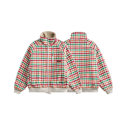 Women's Checkered Teddy Fleece Blouson in Boxy Cut with Stand Collar EVA-US