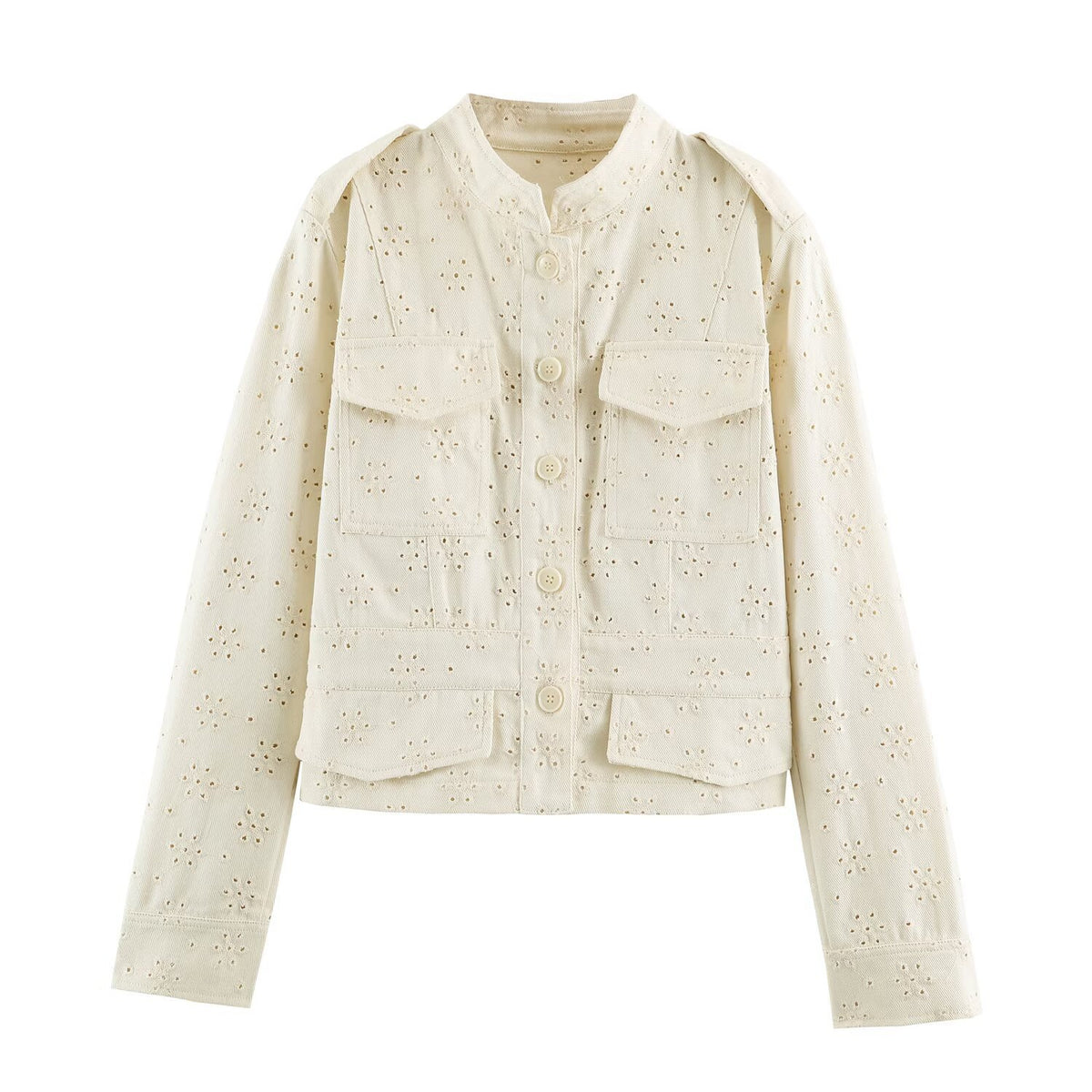 Ladies short jacket made of broderie anglaise with stand-up collar and patch pockets EVA-US
