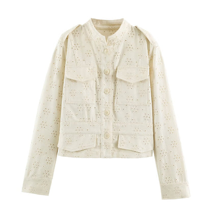 Ladies short jacket made of broderie anglaise with stand-up collar and patch pockets EVA-US