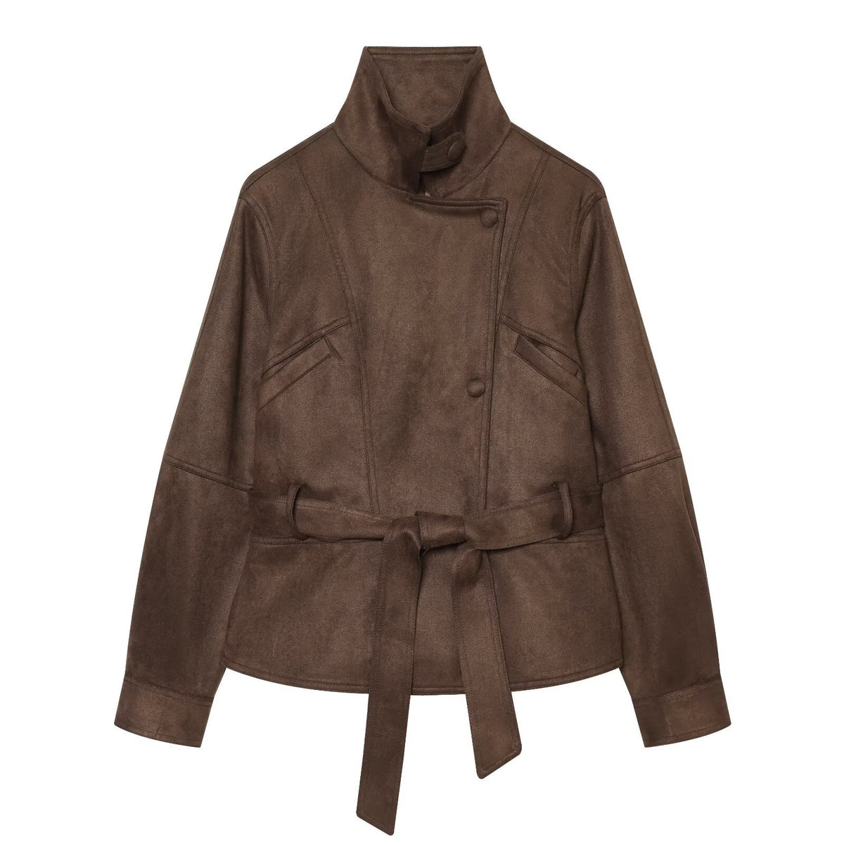 Women's tailored short jacket made of soft suede imitation with asymmetrical button placket and tie belt EVA-US