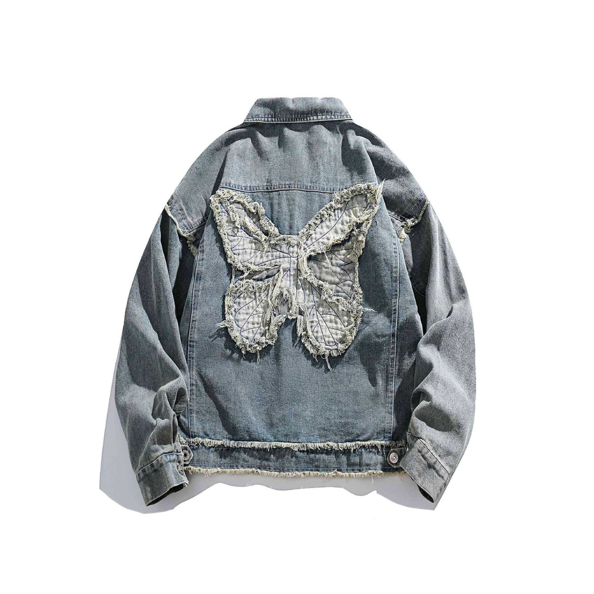 Unisex Oversize Denim Jacket with Fringe Finishes and Utility Pockets EVA-US