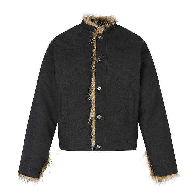 Women's Short Jacket with Faux Fur Lining, Stand-Up Collar and Concealed Button Placket EVA-US