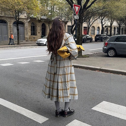 Women's long checkered coat in trench coat style with double button placket EVA-US