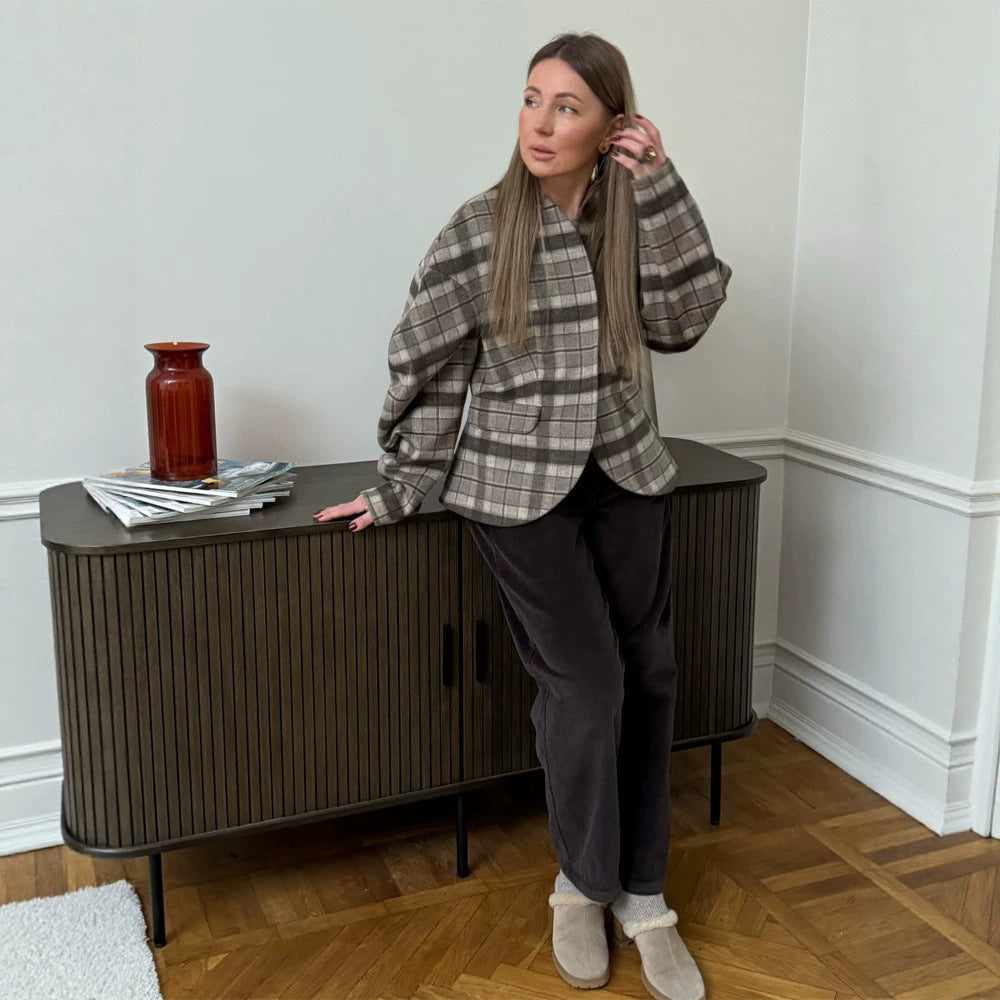 Women's Checked Boxy Blazer with Voluminous Balloon Sleeves EVA-US