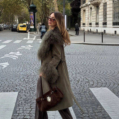 Ladies mid-length wrap coat in faux suede with oversized fur collar and voluminous fur cuffs EVA-US