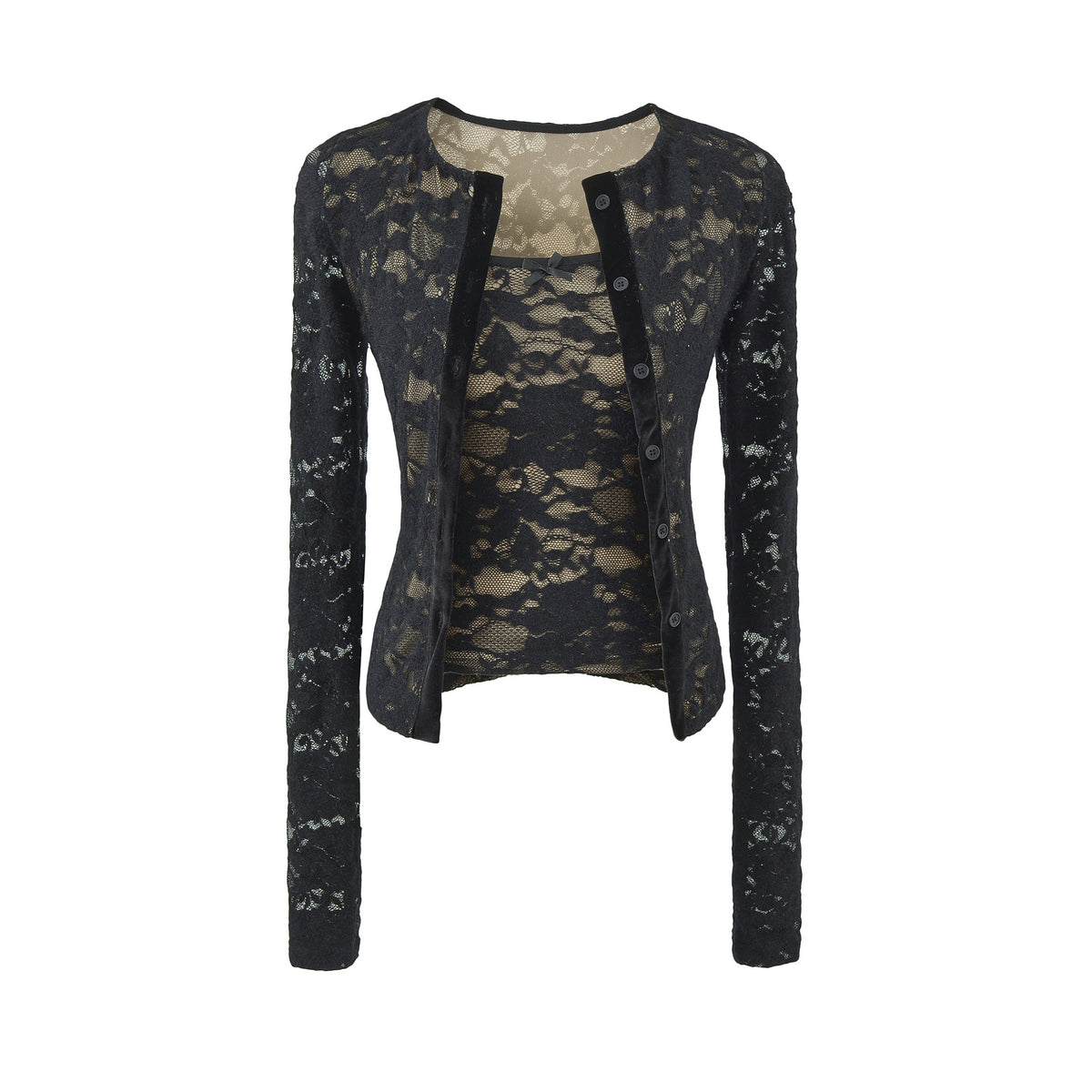 Ladies Fine Lace Cardigan with Matching Under Top and Velvet Trim EVA-US