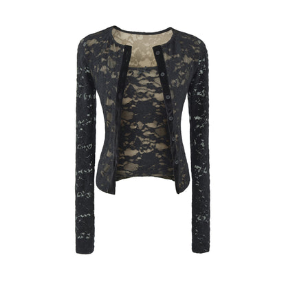 Ladies Fine Lace Cardigan with Matching Under Top and Velvet Trim EVA-US