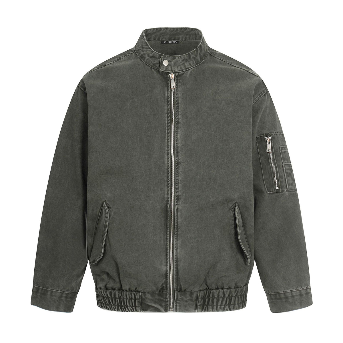 Men's short cut vintage-wash bomber jacket in boxy cut with stand-up collar and sleeve zip.