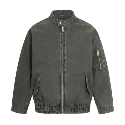 Men's short cut vintage-wash bomber jacket in boxy cut with stand-up collar and sleeve zip.