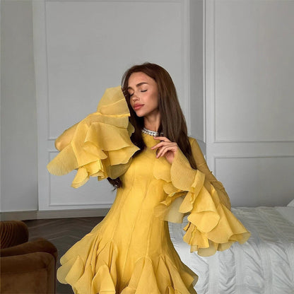 Women Ruffle Chiffon Mini Dress with Ruffles and Transparent Sleeves EVA-US