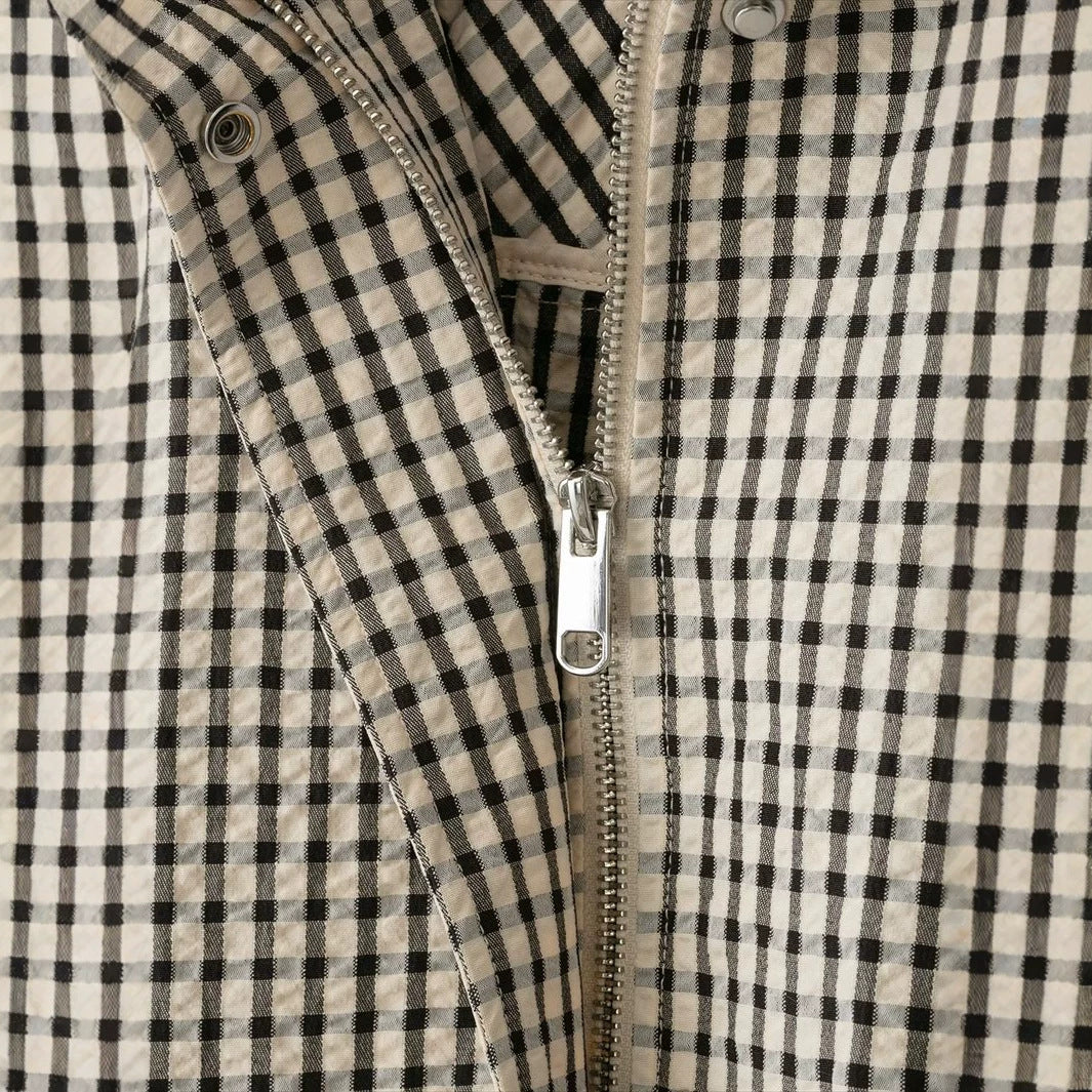 Women’s short-cut checked blouson jacket with stand-up collar, elastic hem, and concealed zipper EVA-US