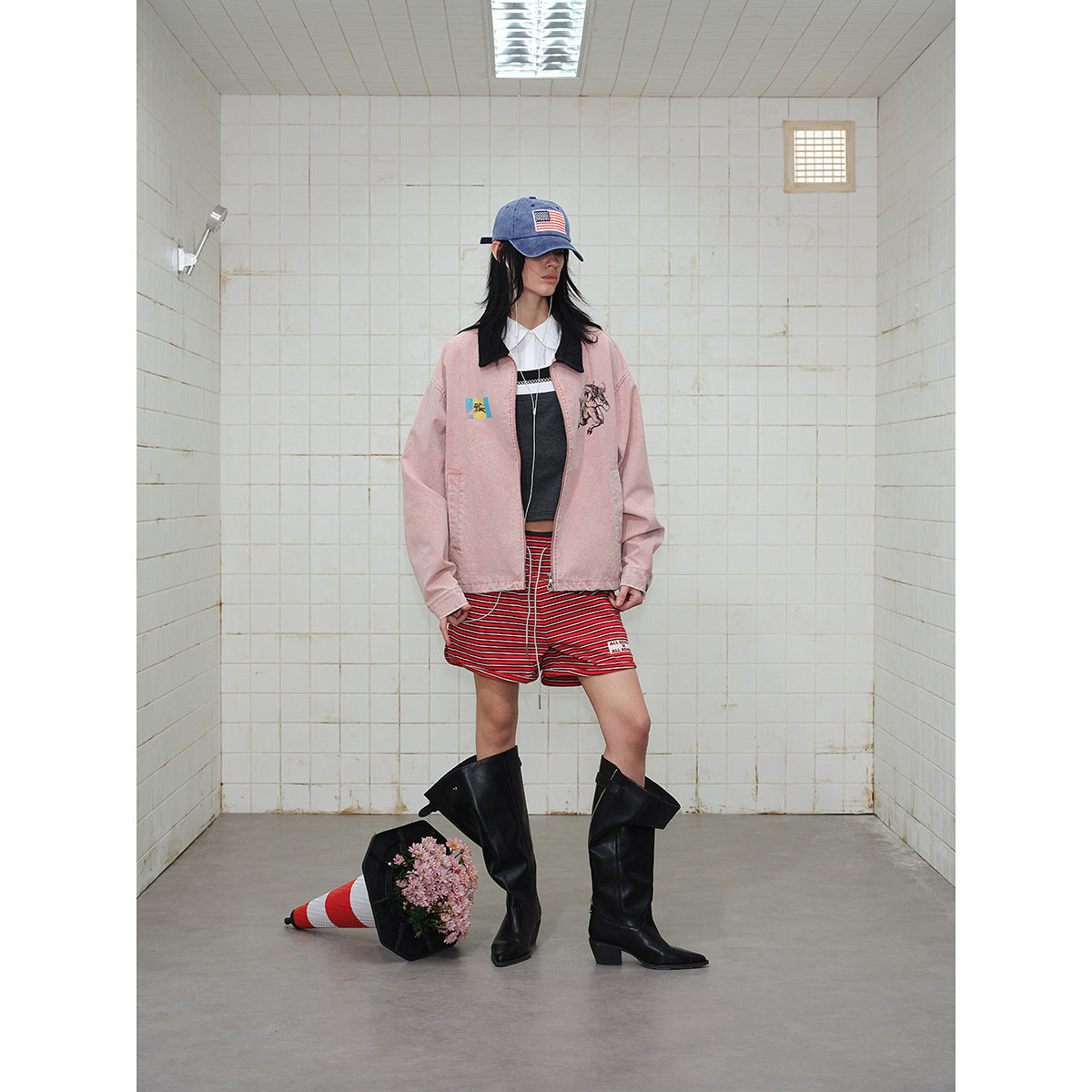 Unisex Boxy Blouson Jacket made of washed cotton twill with cord collar and print details EVA-US