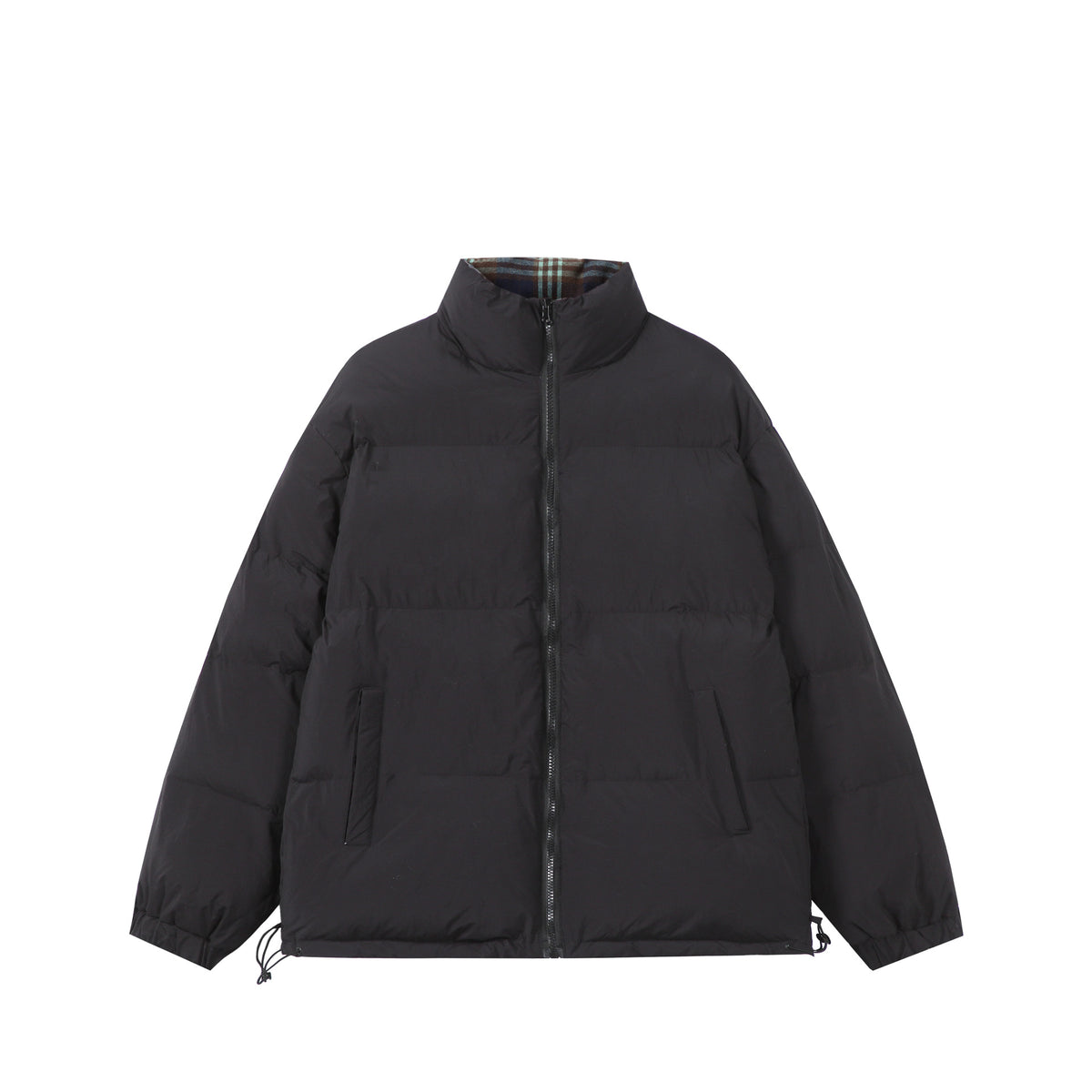 Unisex Boxy-Short Parka with quilted insulation, drawstring hem and plaid lined collar EVA-US