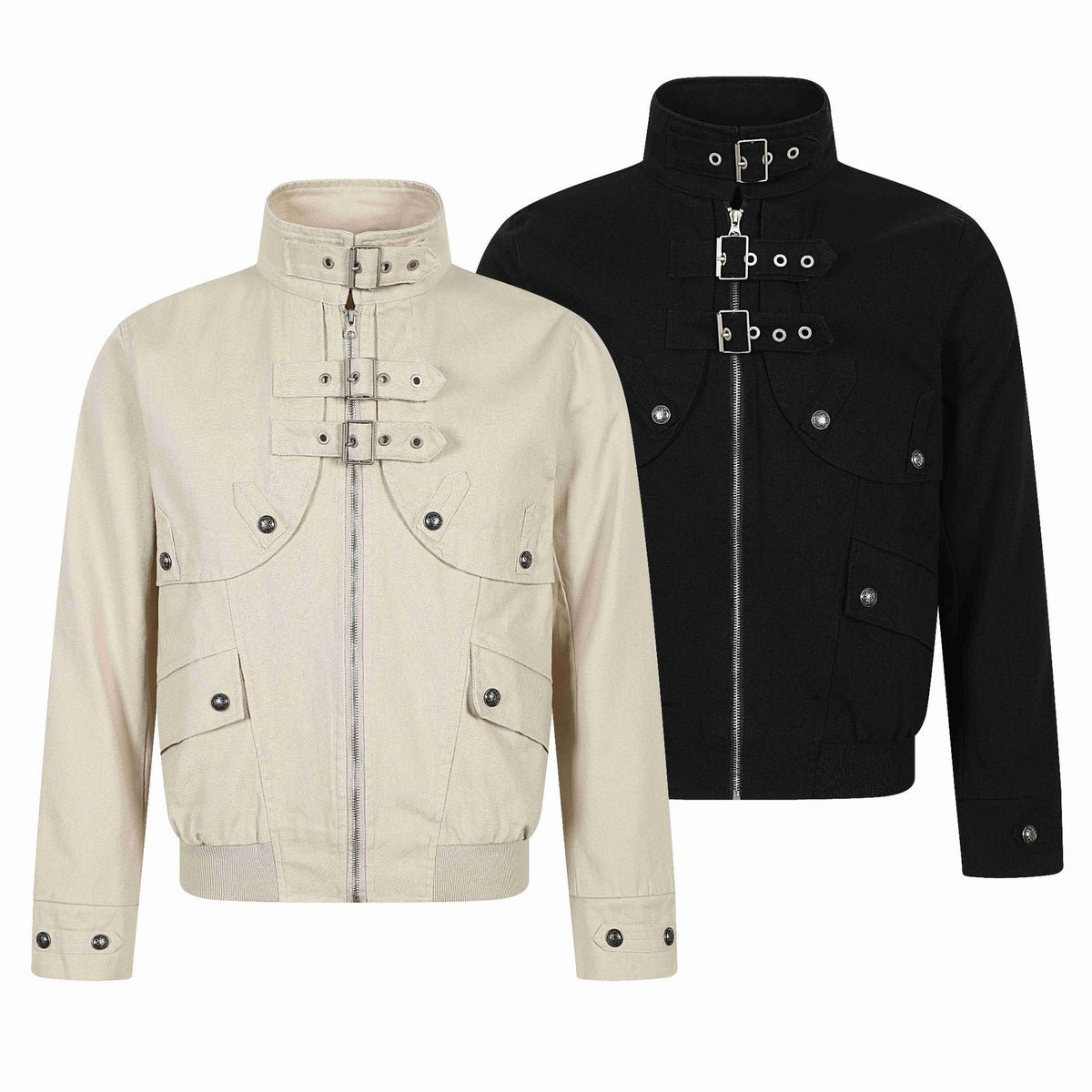 Unisex Short-cut Canvas Field Blouson with Buckle Placket, Utility Pockets and High Standing Collar EVA-US