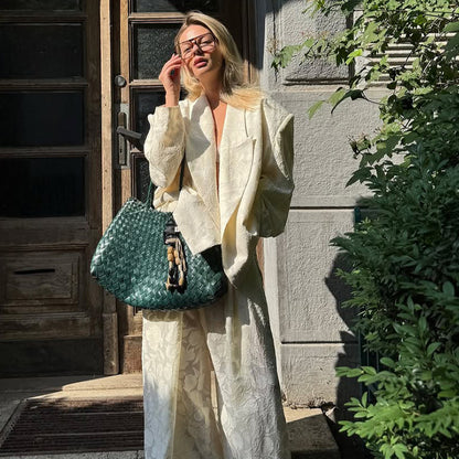 Women's Two-Piece Jacquard Pants Set with Oversize Boxy Blazer and High-Cut Palazzo Pants EVA-US