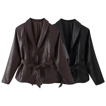 Women's short blazer made of vegan leather with shawl collar and waist tie belt EVA-US