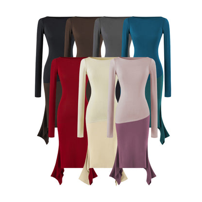 Women Figure-Hugging Midi Dress with Asymmetrical Hem and Panel Design EVA-US